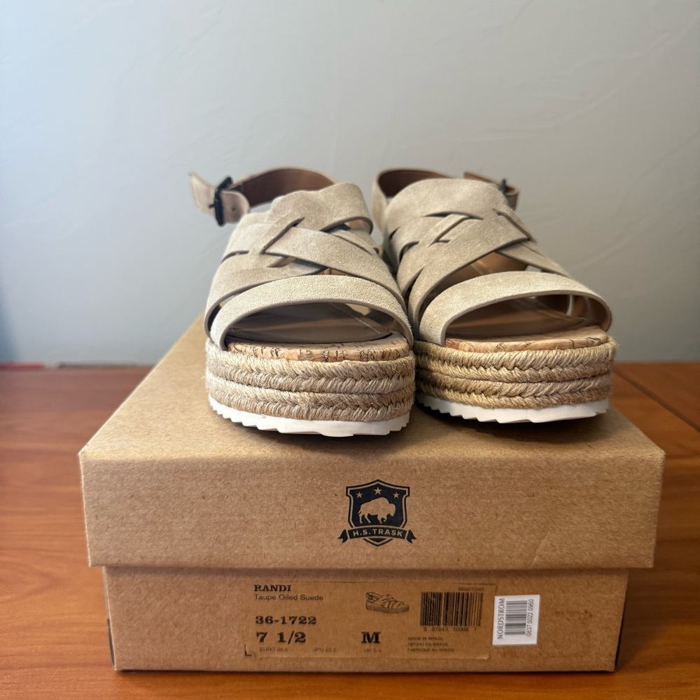 NIB Trask Women’s‎ Randi Espadrille Platform Sandals Taupe Oiled Suede 7.5 - Picture 2 of 7